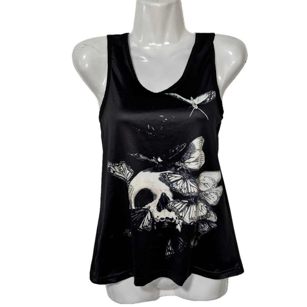 Butterfly Skull Tank Top Shirt w/ rip tied razor back, size M ~ goth, punk, emo
